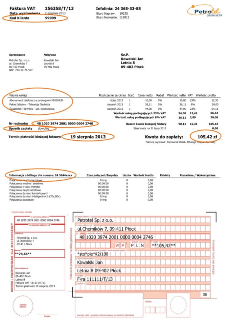 Wygląd faktury za usługi